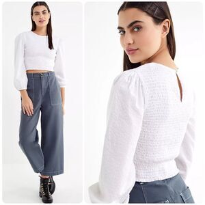 Urban Outfitters Luca Smocked Long Sleeve Top in White | Small